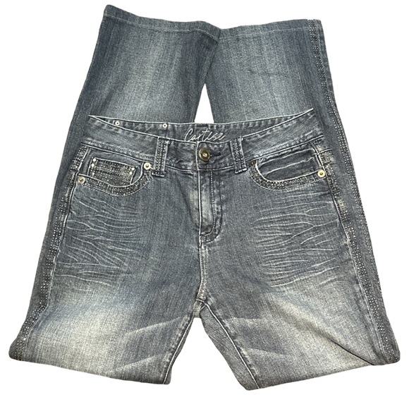 Y2K CARTISE women's dark wash rhinestone detailed flare jeans, size 30". - Picture 5 of 5